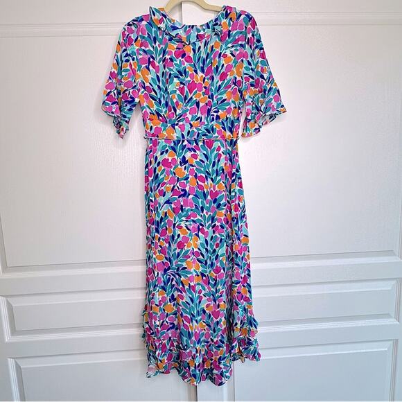 Tyler Boe 100% Silk Floral Midi Dress V-Neck Short Ruffled Sleeves A-Line Small - Picture 9 of 16